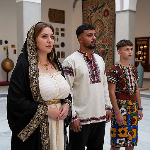 Photograph of three Middle Eastern people in traditional attire: woman in black embroidered robe, white blouse man, and boy in colorful patterned shirt, standing