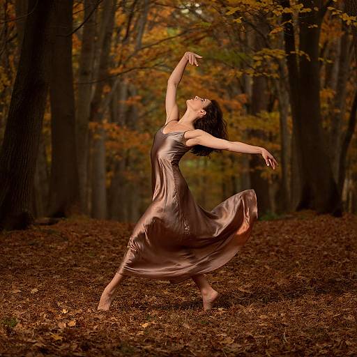 Photograph of a ballet dancer in a flowing, brown satin dress, mid-arch in an autumn forest, leaves and trees in the background.