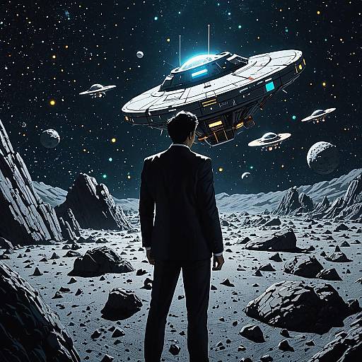 Space Explorer Facing UFO in Asteroid Field