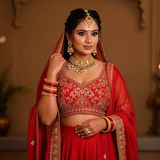 Photograph of a beautiful South Asian bride in a red traditional lehenga with gold embroidery, wearing ornate jewelry and a headpiece, standing against a
