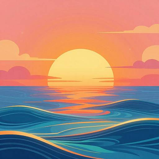 Vibrant digital illustration of a sunset over a wavy ocean, with a large yellow sun, pink and orange sky, and blue waves.