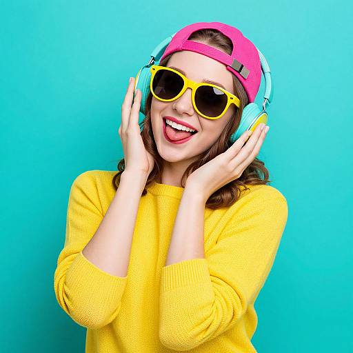 Photograph of a smiling woman with bright yellow sunglasses, pink backward cap, yellow sweater, and headphones, set against a turquoise background.