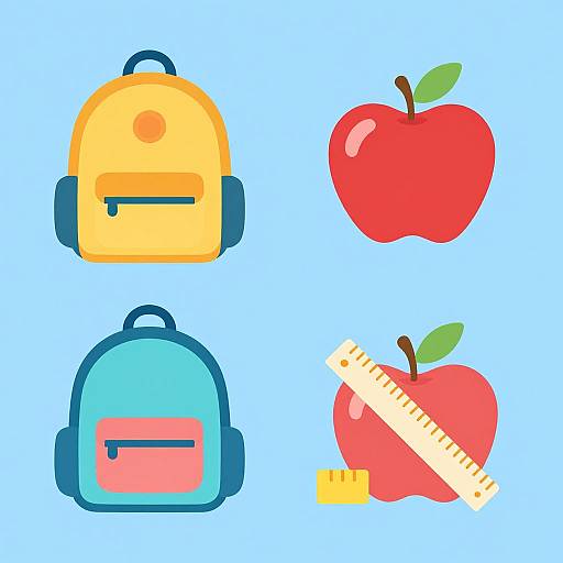 Digital illustration of four objects: yellow backpack, red apple, blue backpack, red apple with measuring tape, on light blue background.