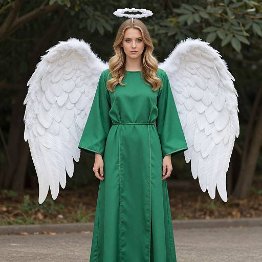 Photograph of a blonde woman with wavy hair, wearing a green dress, white angel wings, and halo, standing outdoors.