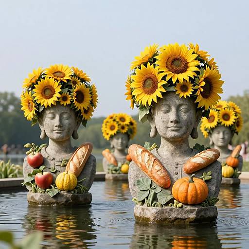 Photograph of stone statues with sunflower crowns, holding pumpkins, apples, and bread, partially submerged in a calm pond, with a clear