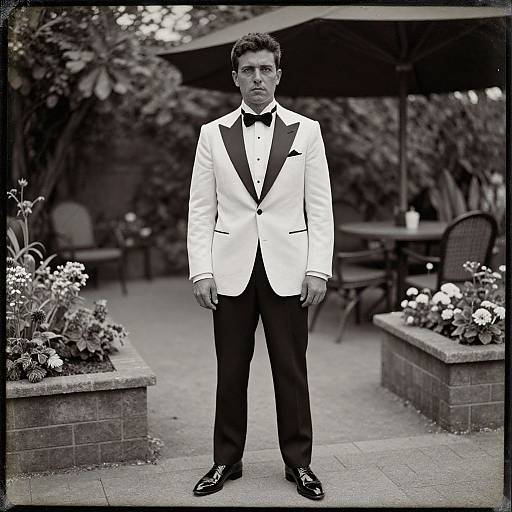 Black-and-white photograph of a man in a white tuxedo with black lapels, black bow tie, black pants, and black shoes, standing