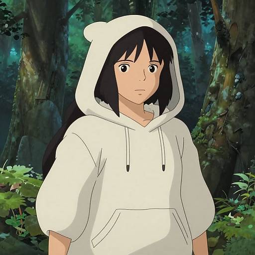 Anime-style drawing of a young person with black hair, wearing a white hoodie with bear ears, standing in a lush, dark forest.
