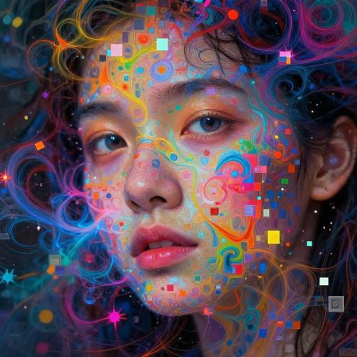 Digital portrait of a young child with vibrant, colorful swirls, pixels, and geometric shapes overlaying their face, creating a surreal, technicolor effect