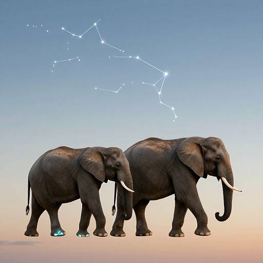 Photograph of two large, dark gray elephants with turquoise toenails standing side by side under a clear blue sky with a constellation pattern.
