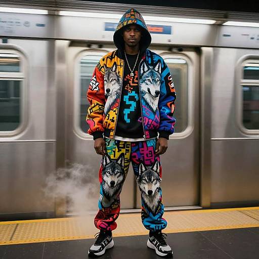Photograph of an African-American man in vibrant, wolf-patterned jacket and pants, standing on a subway platform, wearing a colorful hood, with a