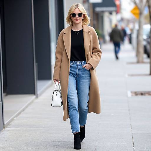 Blonde woman in black top, blue jeans, tan coat, black boots, sunglasses, carrying white handbag, walking urban street. Photorealistic