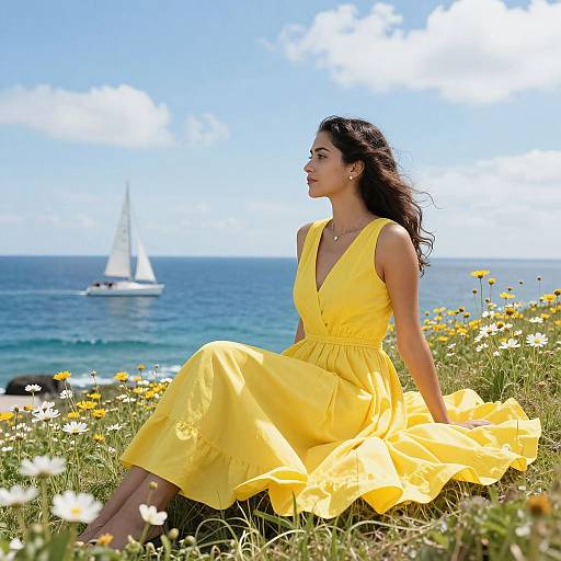 Photograph: Young woman with long dark hair in a yellow sundress sits on a grassy field with daisies, overlooking a blue ocean and