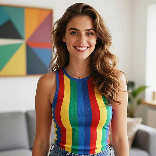 Photograph of a smiling young woman with wavy brown hair, wearing a colorful rainbow-striped tank top, standing in a bright, modern living room.