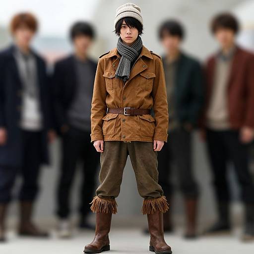 Photograph of an Asian man in a brown military-style jacket, olive pants, fringed boots, black scarf, and beanie, standing front and