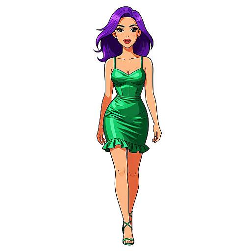 Digital anime-style drawing of a confident woman with purple hair, wearing a green, ruffled, sleeveless dress and white sandals, walking forward against a