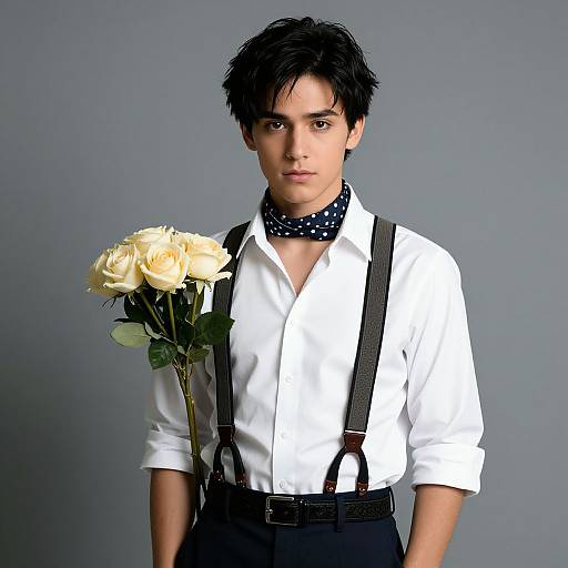 Young man with black hair, white shirt, black suspenders, polka-dot neckerchief, holding white rose, against gray background. Photoreal