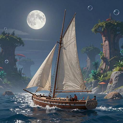 Scenecore Moonlit Sailboat Fantasy Landscape