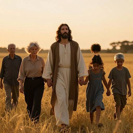 Jesus Walking with Diverse People at Sunset