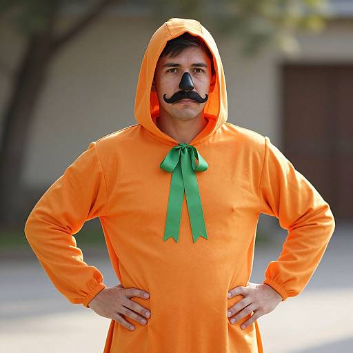 Man in bright orange hooded costume with green bowtie and black mustache mask, hands on hips, outdoors, daytime.