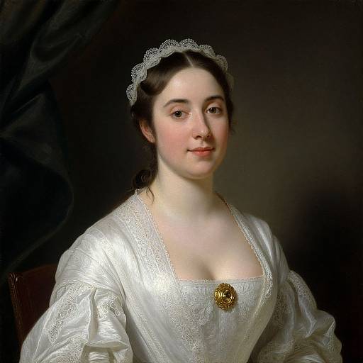 18th-century portrait of a young Caucasian woman with fair skin, dark brown hair, wearing a white lace-trimmed dress and hairnet, adorned