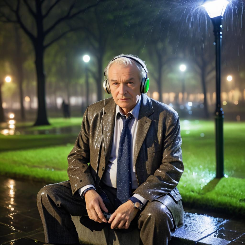 Rainy Night Park Scene with Elderly Man