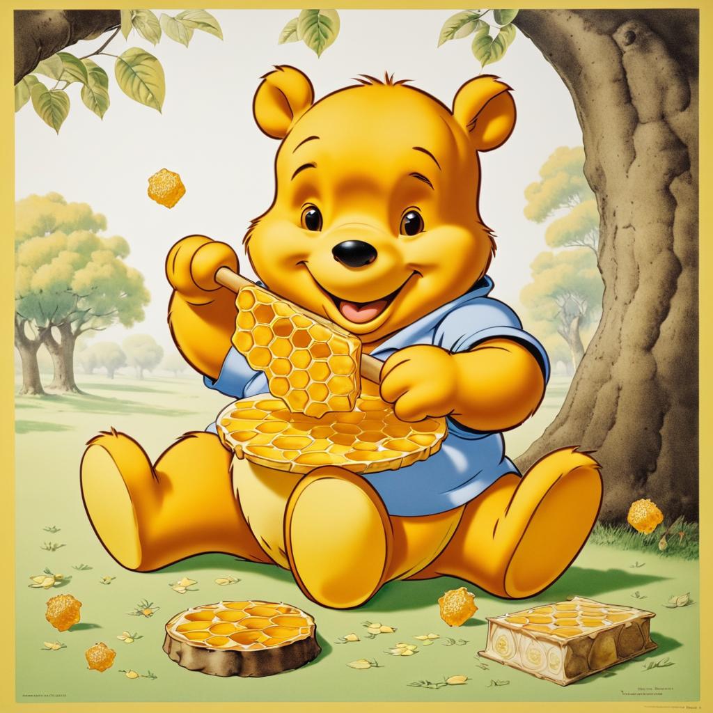 Whimsical Lithograph of Pooh Enjoying Honey