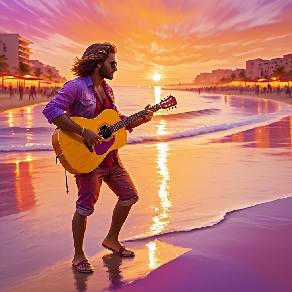 Vibrant Sunset Beach Guitarist Performance