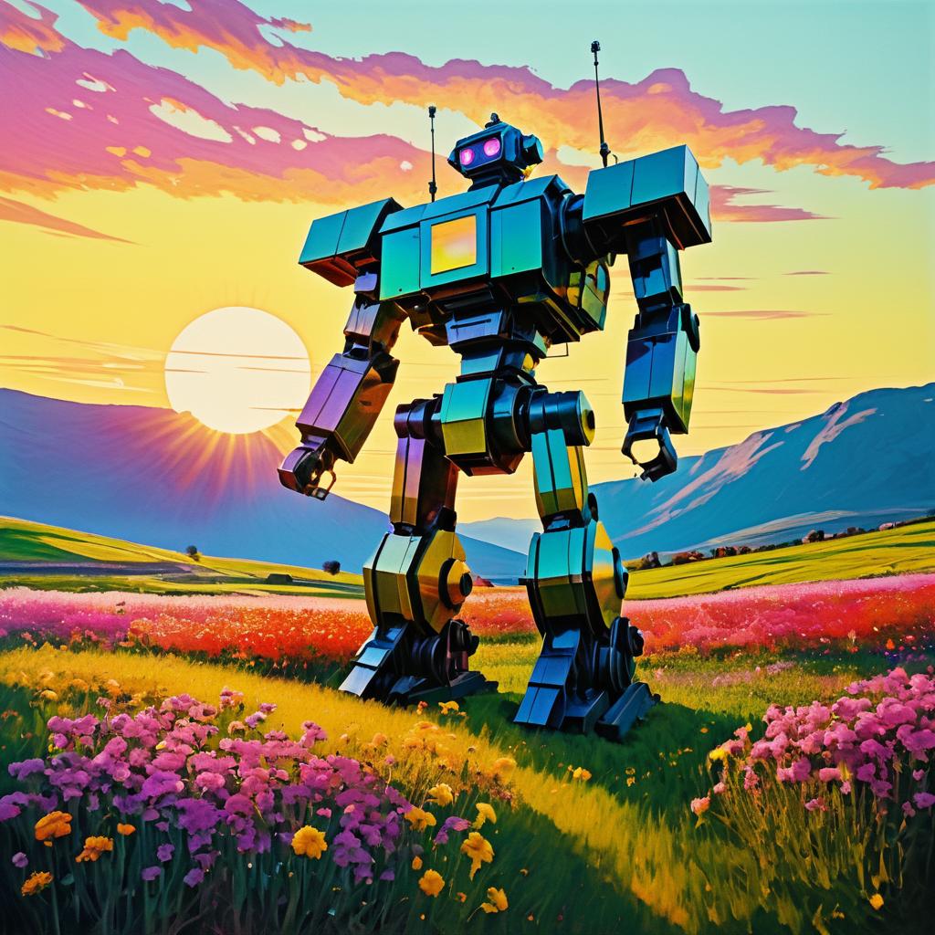 Giant Robot in a Floral Sunset