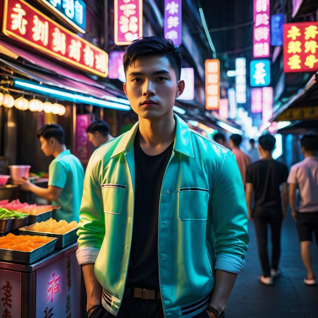 Young Man in Neon Cityscape Portrait