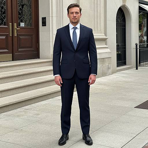 Photograph of a serious, fair-skinned man with short brown hair, wearing a black suit, white shirt, and blue tie, standing on stone
