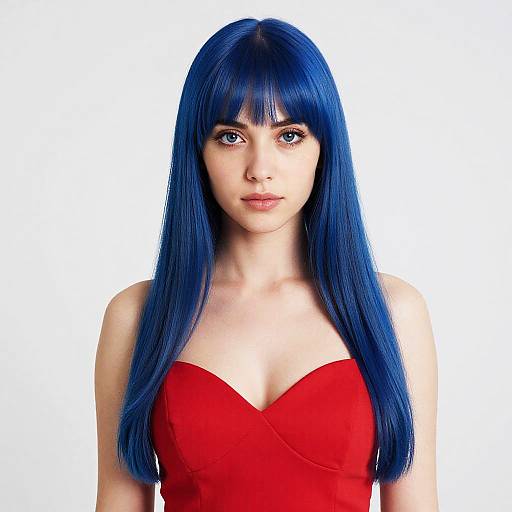 Photorealistic Blue-Haired Woman in Red Dress