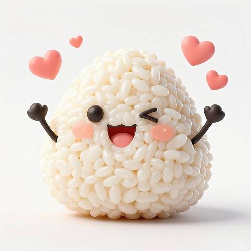 Cute CGI rice ball with white, fluffy texture, black eyes, blushing cheeks, open smiling mouth, raised arms, and floating pink hearts.