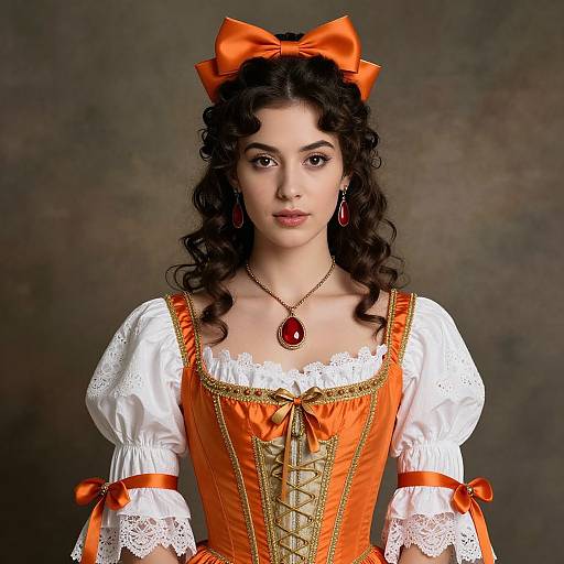 Photograph of a young woman with curly black hair, wearing an orange corset dress with white lace, red bow, and jewelry, against a gray