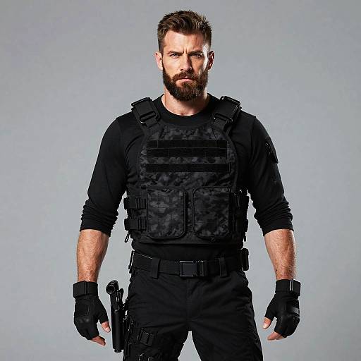 Photograph of a bearded, muscular white man with short brown hair, wearing black tactical gear, gloves, and a pistol holster, standing against a