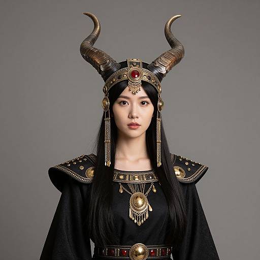 Photograph of an Asian woman with long black hair, wearing a black medieval-style dress, gold and red ornate headpiece with horns, and detailed