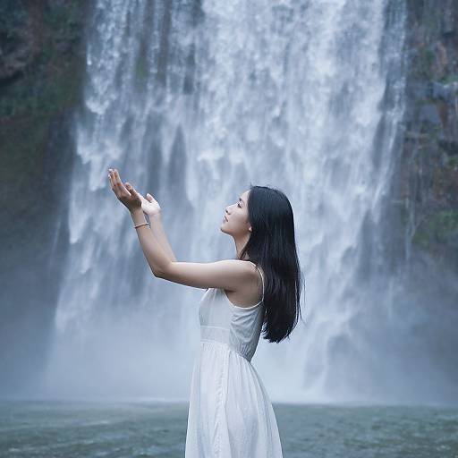 Photograph of an Asian woman with long black hair in a white dress, arms raised, standing before a towering waterfall.
