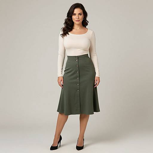 Photograph of a dark-haired woman with wavy hair, wearing a white long-sleeve top and a dark green button-up skirt, standing against