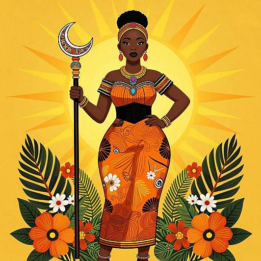 Digital illustration of a dark-skinned African woman in an orange floral dress, holding a staff, adorned with jewelry, standing against a yellow sunburst background