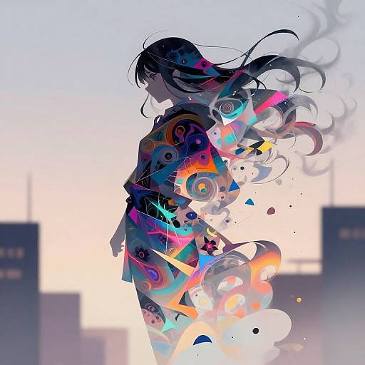 Digital anime-style silhouette of a girl with long, flowing black hair, adorned with colorful abstract patterns and geometric shapes, against a soft, pastel gradient