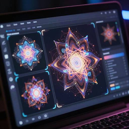 Photograph of a laptop screen displaying vibrant, glowing digital mandalas with neon colors on a dark background, illuminated by blue and purple light.