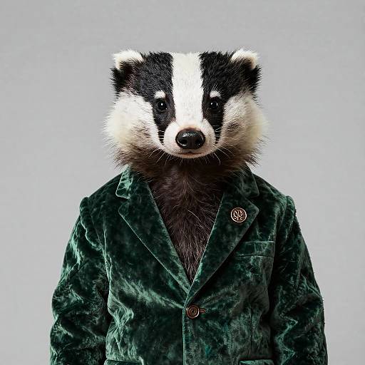 Photograph of a European badger in a dark green velvet blazer, standing against a plain white background. The badger's black and white face