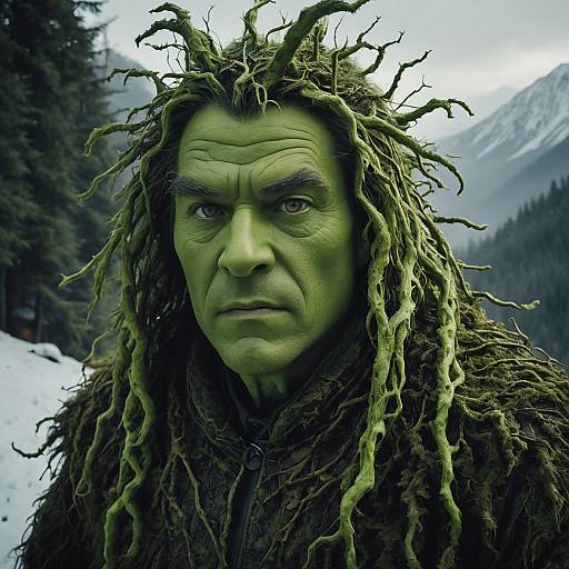 Man in Grinch-Inspired Vine Costume in Mountain Setting