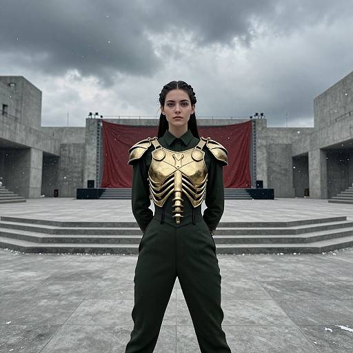 Photograph of a young woman with dark hair, wearing gold armor over black clothing, standing confidently in a gray, stone courtyard with cloudy sky and red