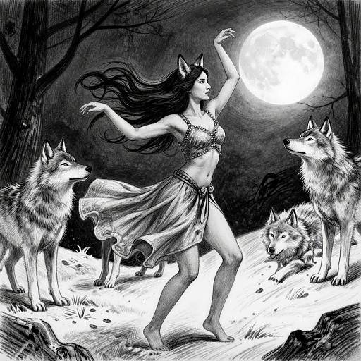 Woman Dancing with Wolves under Moon