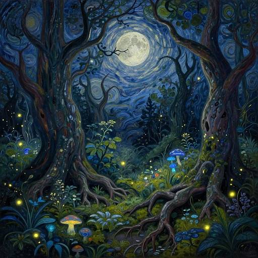 Dreamy, swirling digital painting of a moonlit enchanted forest with twisted trees, glowing fireflies, vibrant mushrooms, and magical blue light.