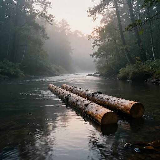 Surreal Floating Logs on Misty River