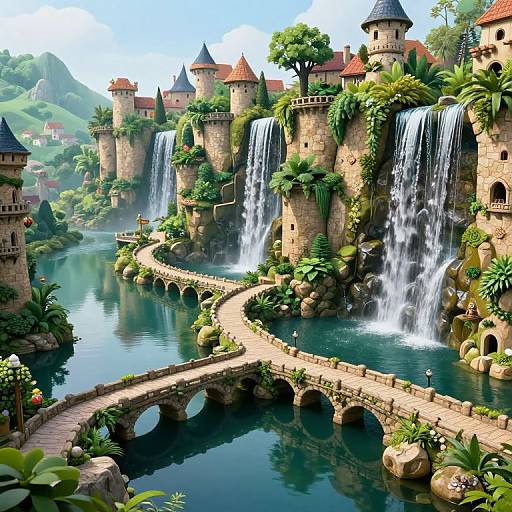 Digital artwork of a fantasy castle with multiple waterfalls, arched stone bridges, lush greenery, and red-roofed towers in a serene,