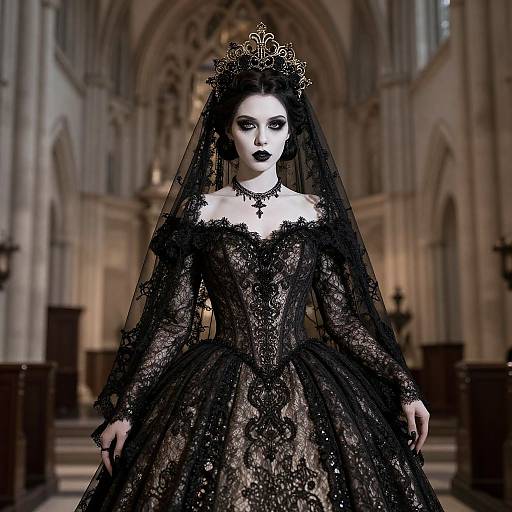 Gothic vampire queen in elaborate black lace gown and veil, standing in a grand, dimly lit cathedral. Digital art, dramatic, dark, and