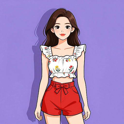 Digital anime-style drawing of a smiling young woman with long brown hair, wearing a white floral crop top and red high-waisted shorts, against a
