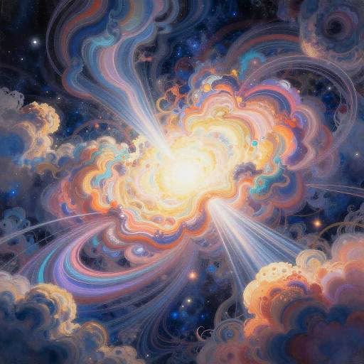 Digital art of a vibrant, swirling celestial explosion with bright white core, colorful ribbons, and glowing clouds against a dark starry background.